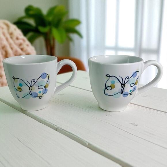 Pottery Barn Set Of 2 Ceramic Butterfly 16 Oz Coffee Mugs White Whimsical - Picture 1 of 9